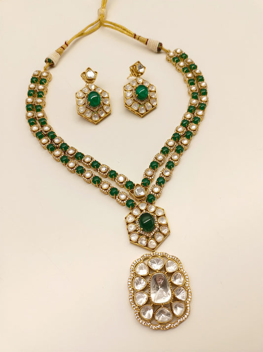 Ahti Emerald Long Kundan Polki Set