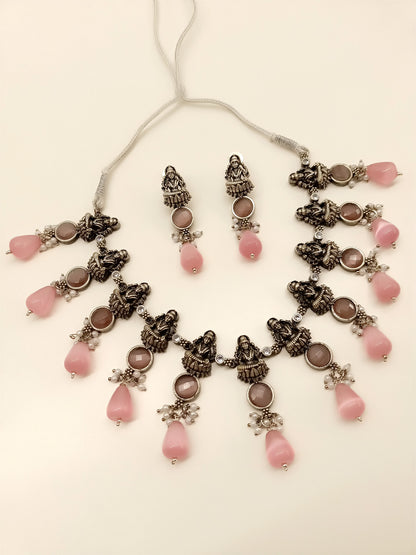 Ridhanshi Baby Pink Oxidized Silver Necklace Set