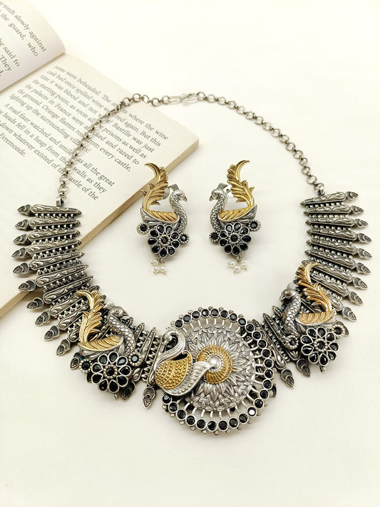 Elyna Black Peacock Oxidized Necklace Set