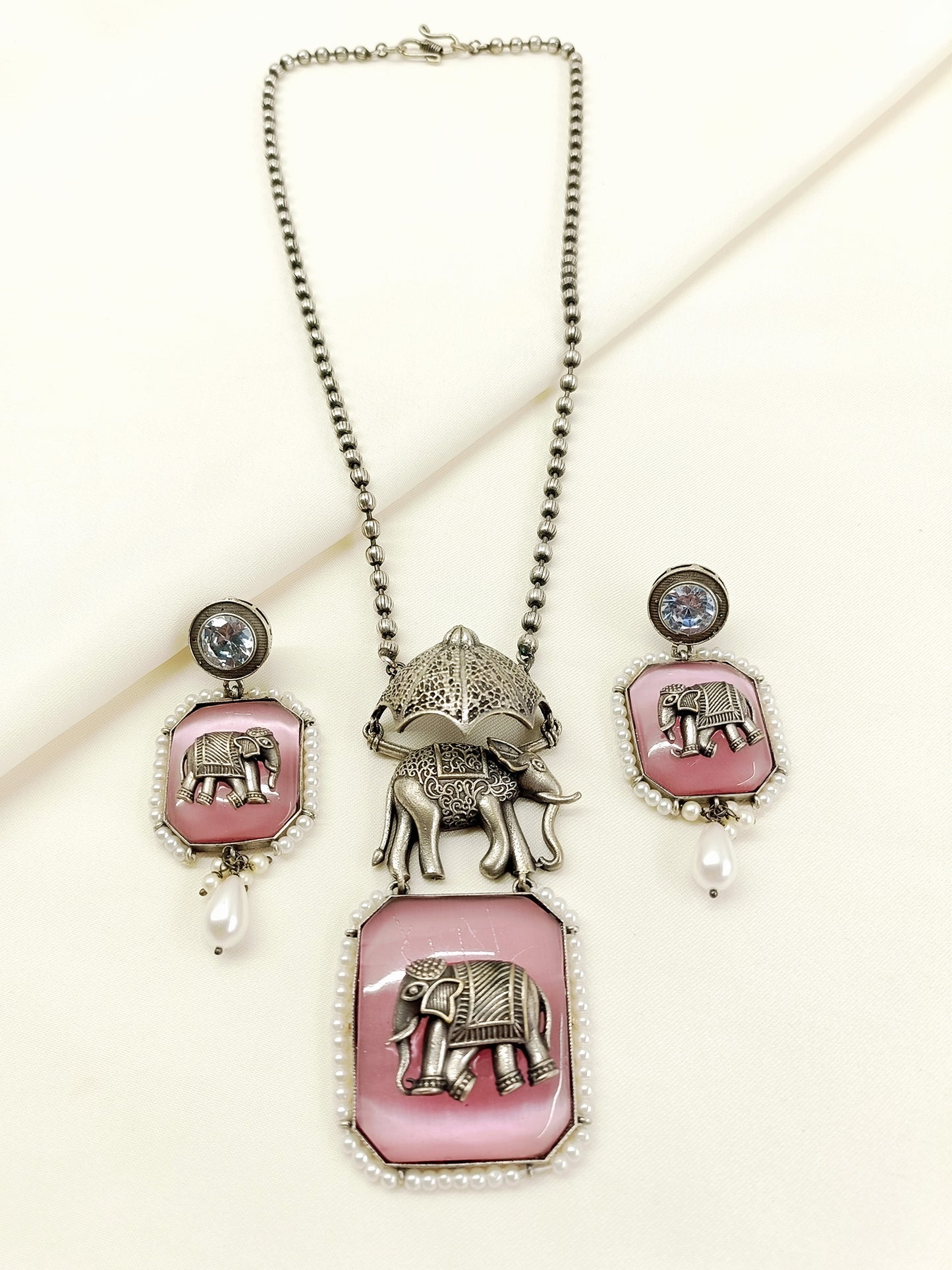 Pallavi Pink Oxidized Elephant Pendant Set