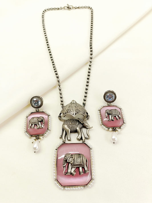 Pallavi Pink Oxidized Elephant Pendant Set
