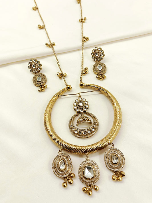Navaeh Antique Gold Oxidized Hasli-Styled Pendant Set