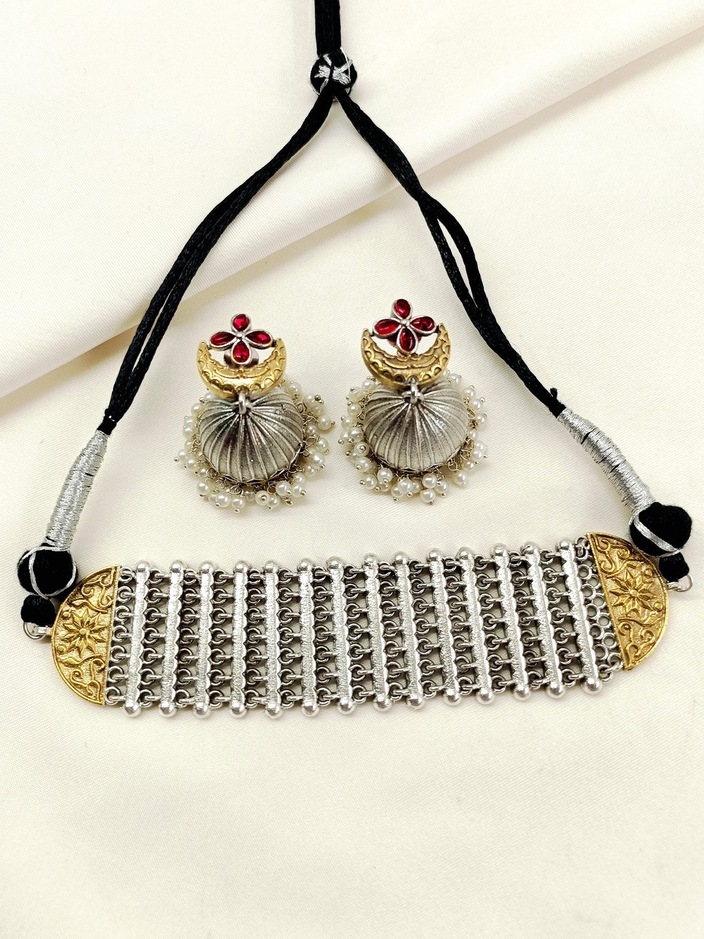 Ziya Two Tone Oxidized Choker Set