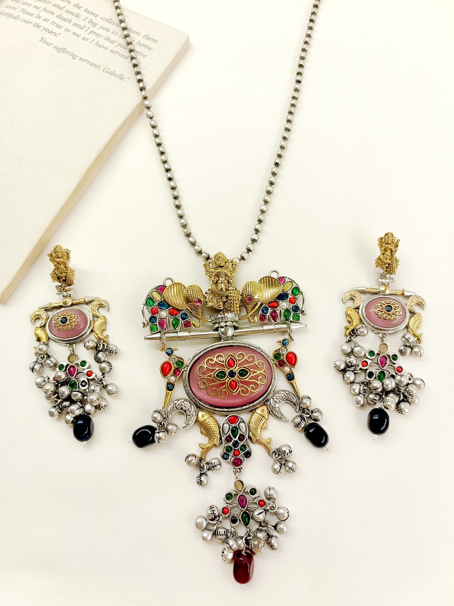 Dayera Multi Colour Temple Oxidized Necklace Set