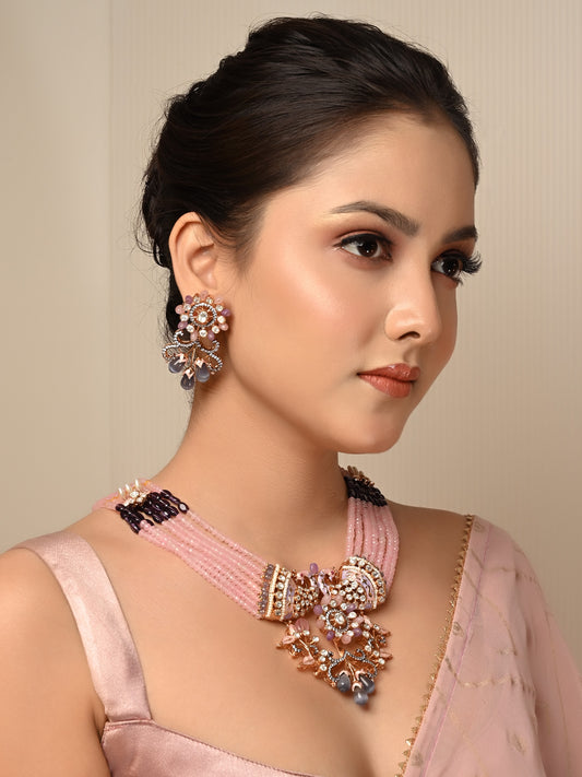Madhurima Pink Peacock Kundan Necklace Set