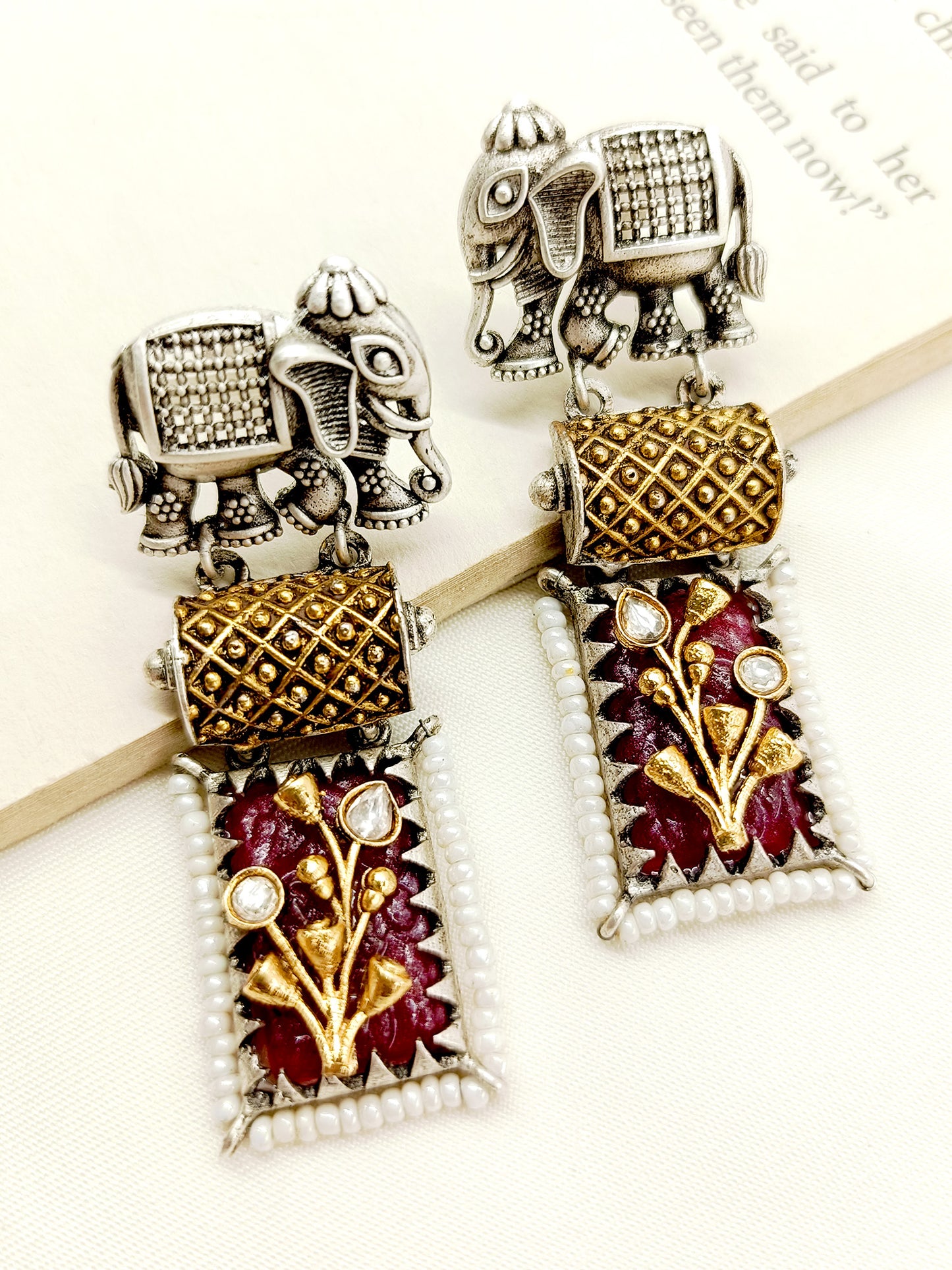 Shridevi Maroon Elephant Oxidized Earrings