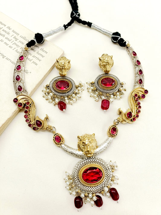 Aakhya Maroon Oxidized Necklace Set