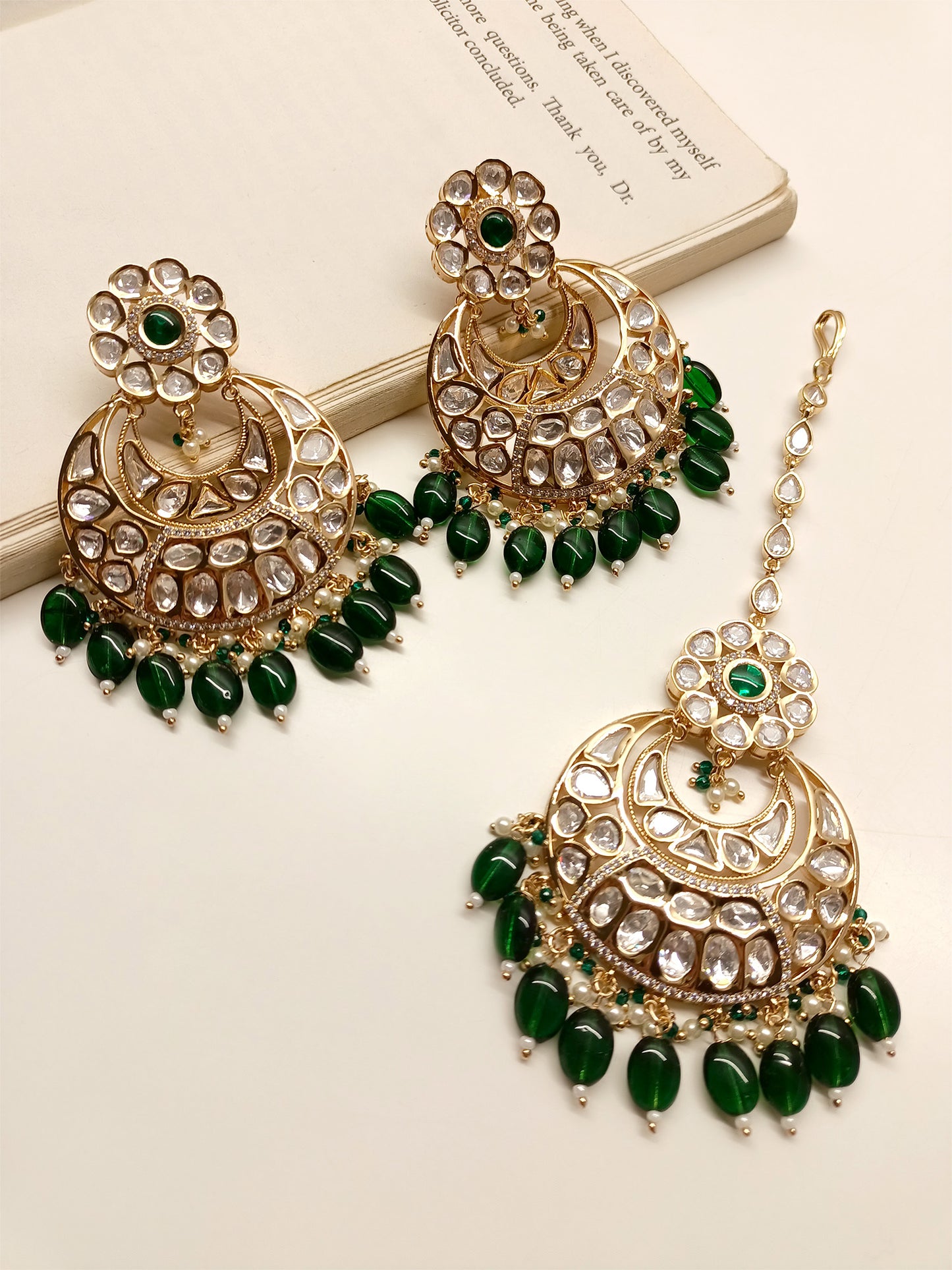 Farisha Green Kundan Earrings With Teeka