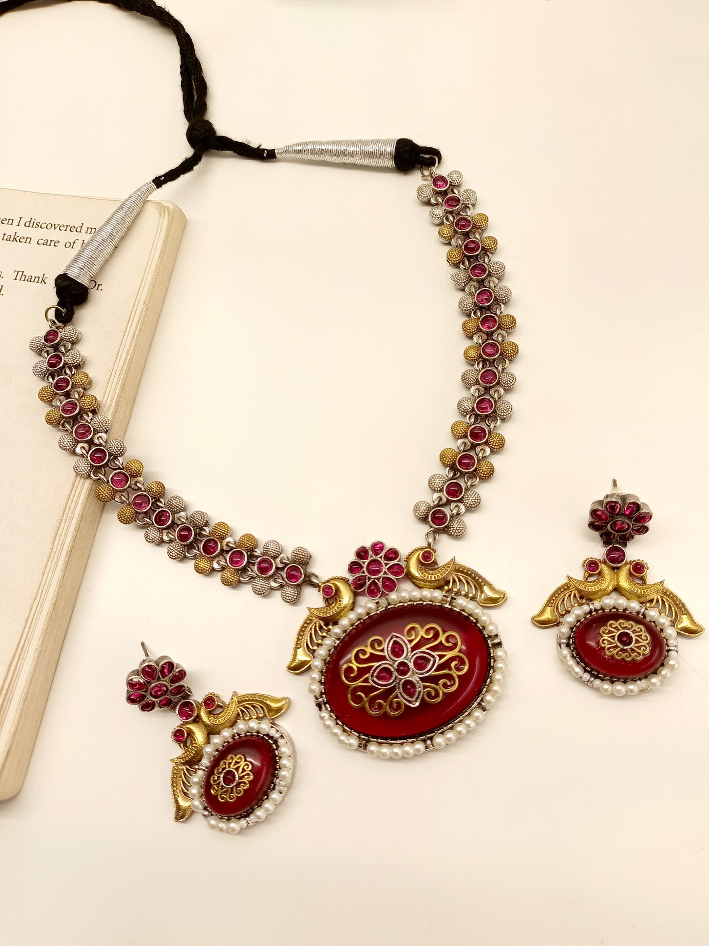Kaahini Rose Pink Oxidized Necklace Set