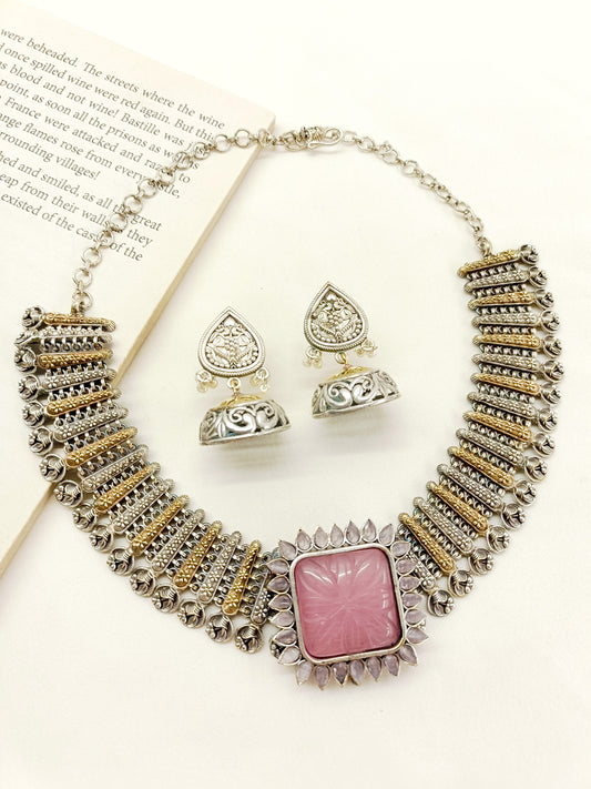 Jagriti Baby Pink Oxidized Necklace Set