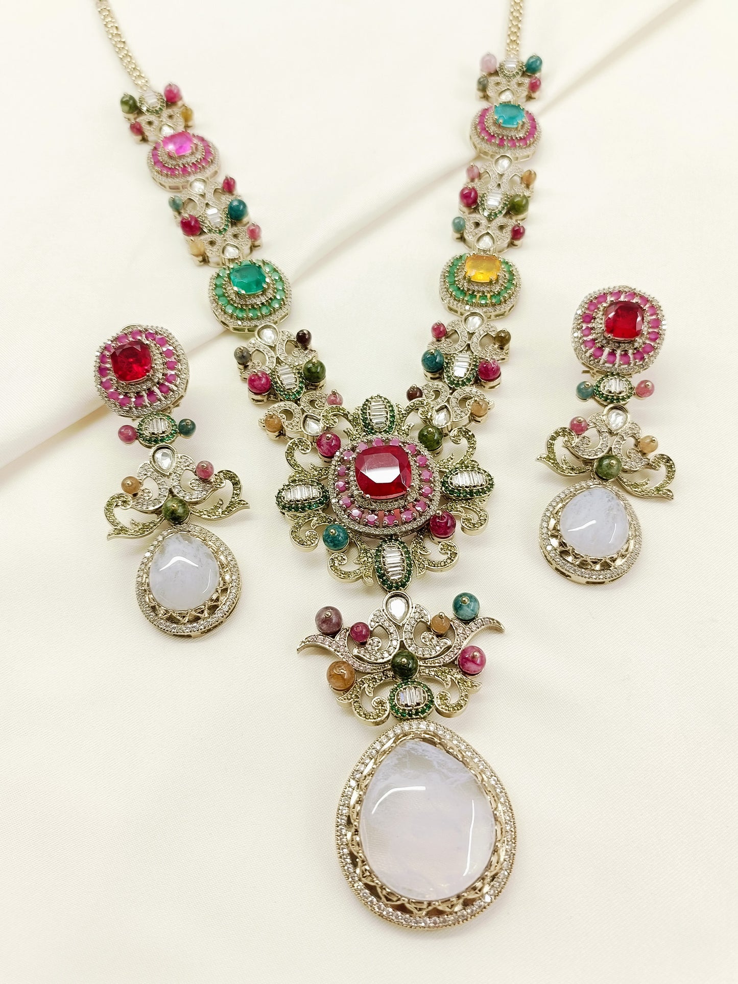 Diti Rajrani Navratan Victorian Long Necklace Set with Earrings