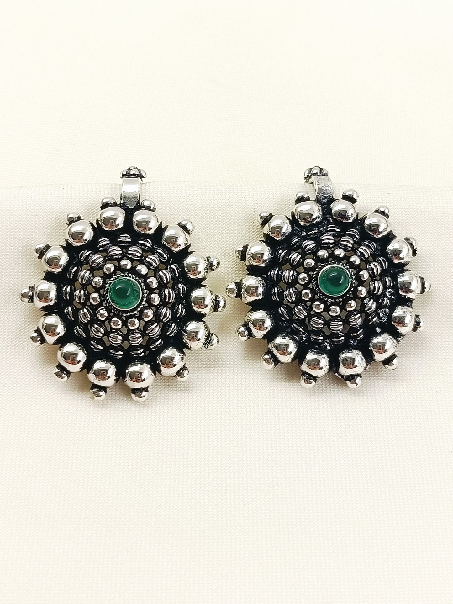 Tessa Oxidized Silver Sunburst Ear Cuff with Green Stone