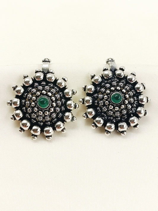Tessa Oxidized Silver Sunburst Ear Cuff with Green Stone