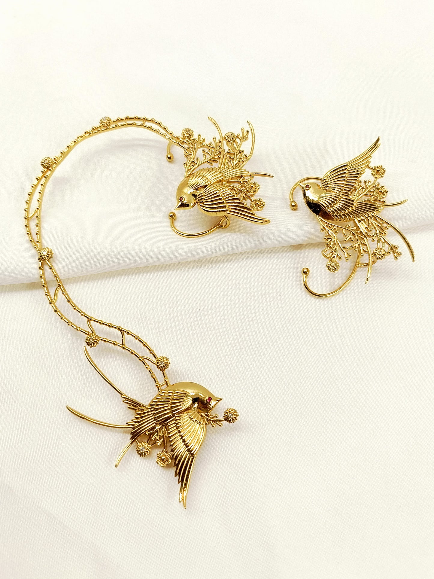 Noshin Golden Women’s Bird & Floral Branch Earcuffs