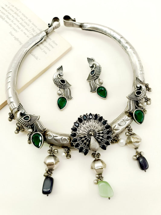 Donna Green German Silver Oxidized Hasli Set