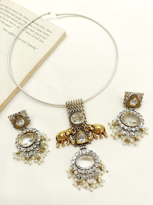 Vibhuti White Elephant Oxidized Hasli Style Necklace Set