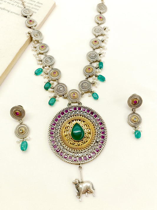 Heena R & G Long Oxidized Necklace Set