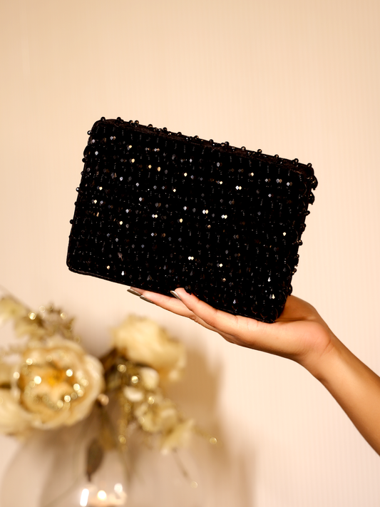 Parineeta Velvet Black Beaded Evening Clutch