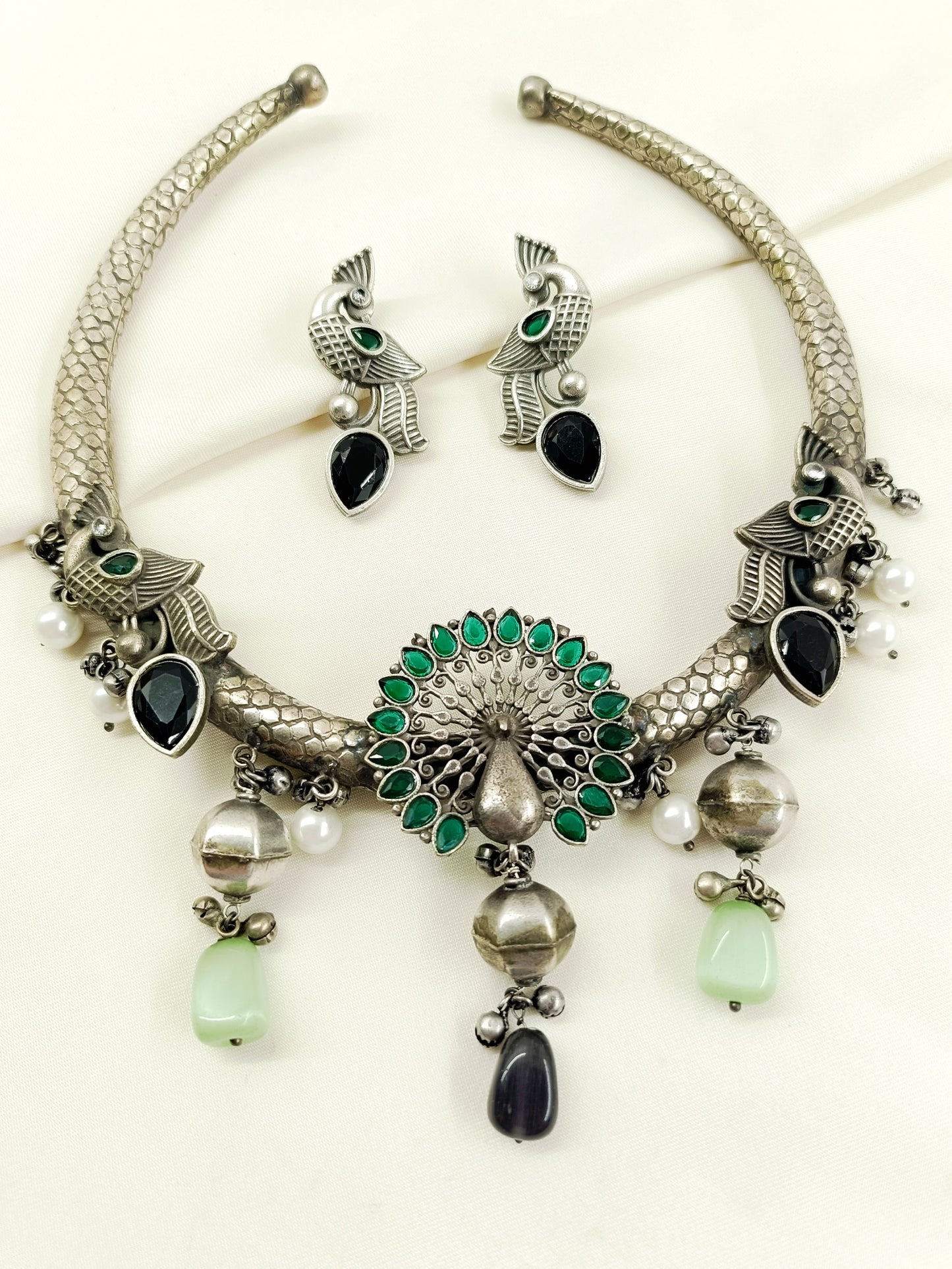 Madhushri Green Peacock Oxidized Hasli Style Necklace Set