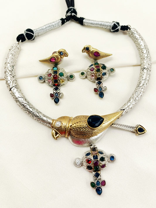 Kaaviya Multi Colour Oxidized Hasli Styled Choker Set