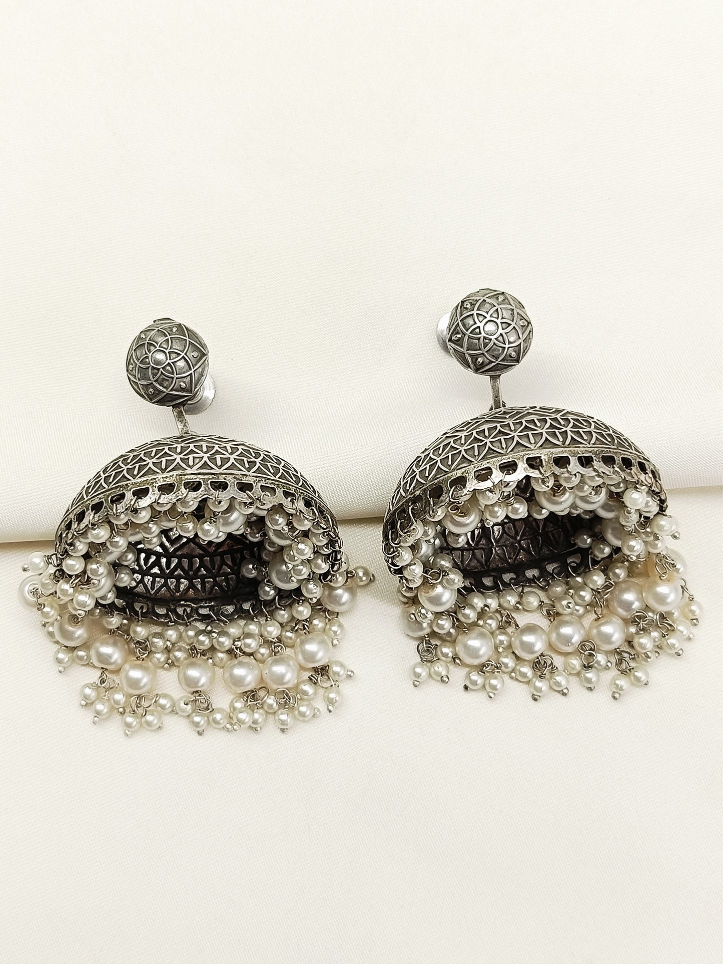 Agrima White Pearl Oxidized Jhumki