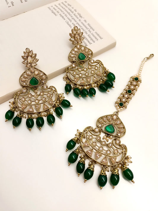 Umrao Green Polki Earrings With Teeka