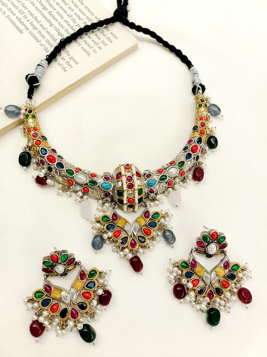 Naija Multi Colour Oxidized Hasli Style Necklace Set