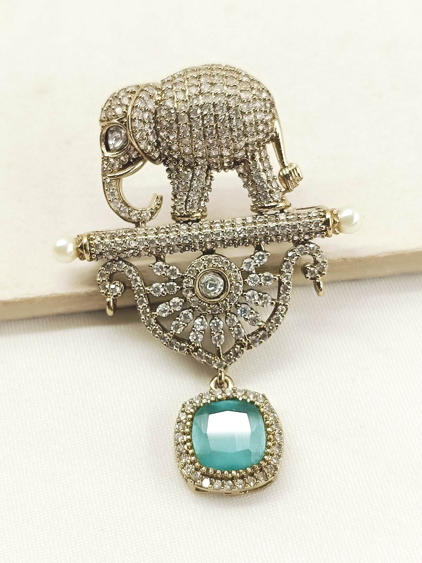 Rajavar Mint Green Elephant Brooch