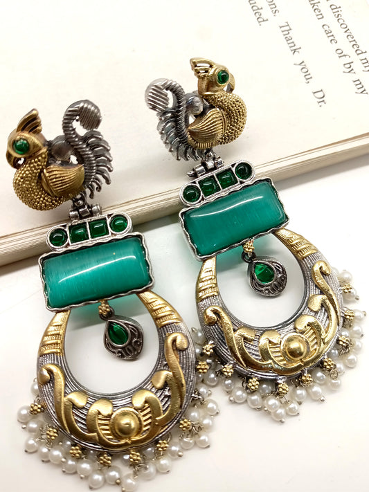 Rayma Green Peacock Oxidized Earrings