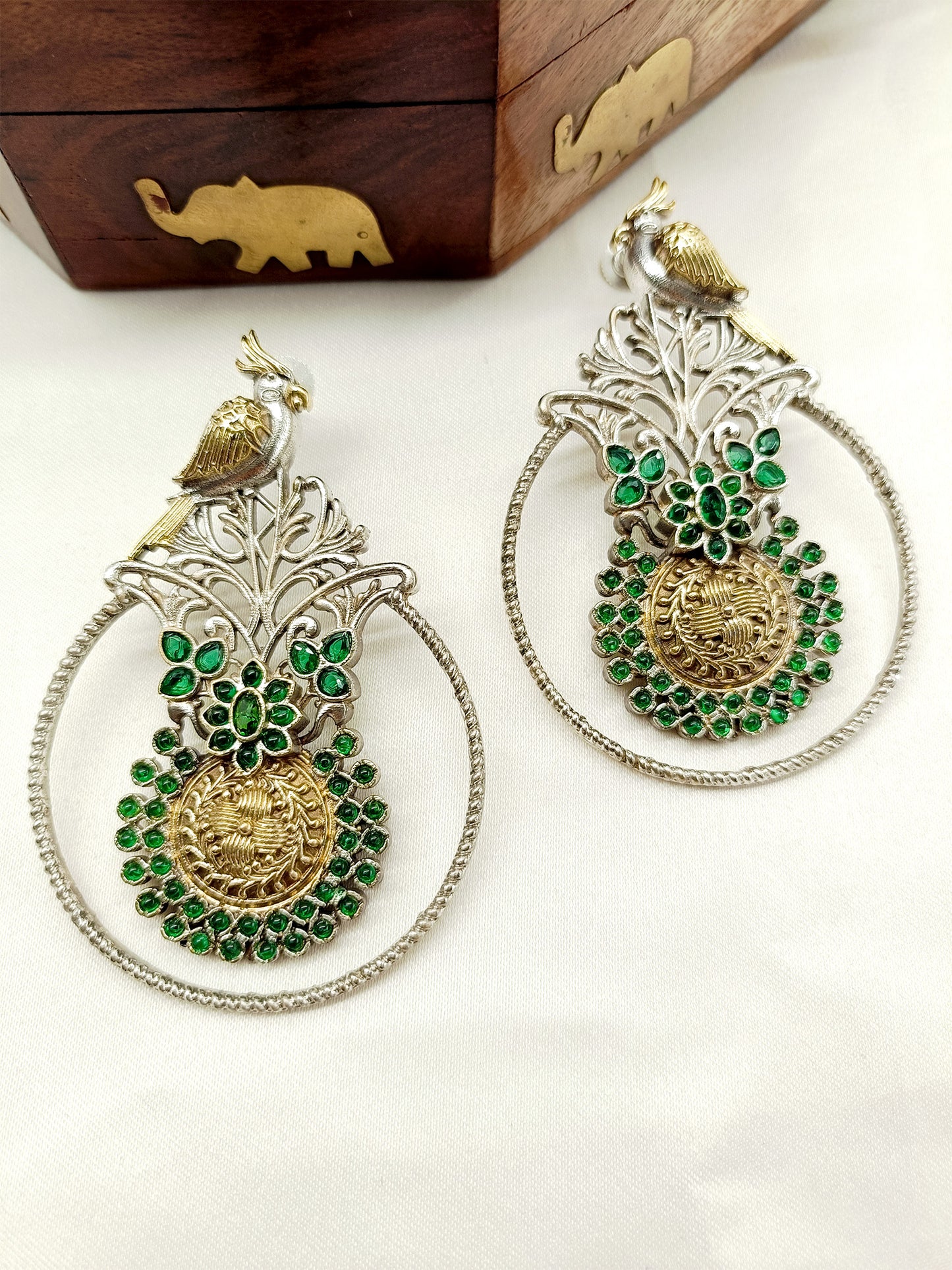 Roshu Green Bird Oxidized Earrings