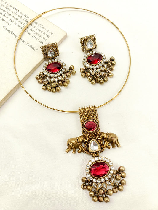 Lavika Maroon Kundan Hasli Style Necklace Set