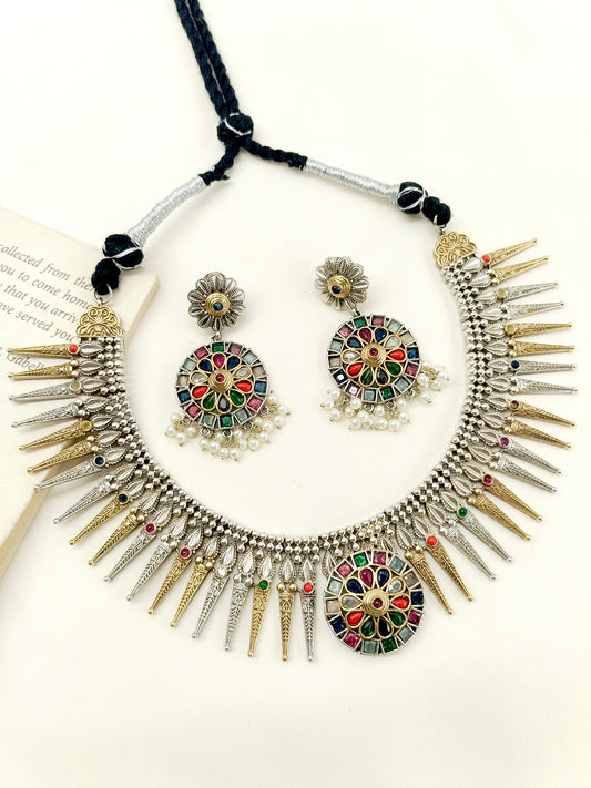 Indulekha Multi Colour German Silver Oxidized Necklace Set