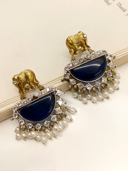 Maheshwari Navy Blue Elephant Oxidized Earrings