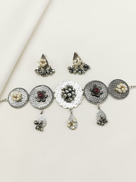 Xanvika Ruby Oxidized Choker Set