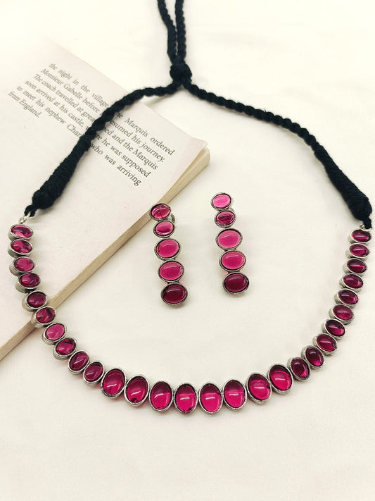 Kiansha Rose Pink Oxidized Necklace Set