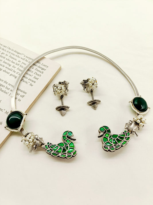 Shiloh Green Peacock Oxidized Hasli Style Necklace Set