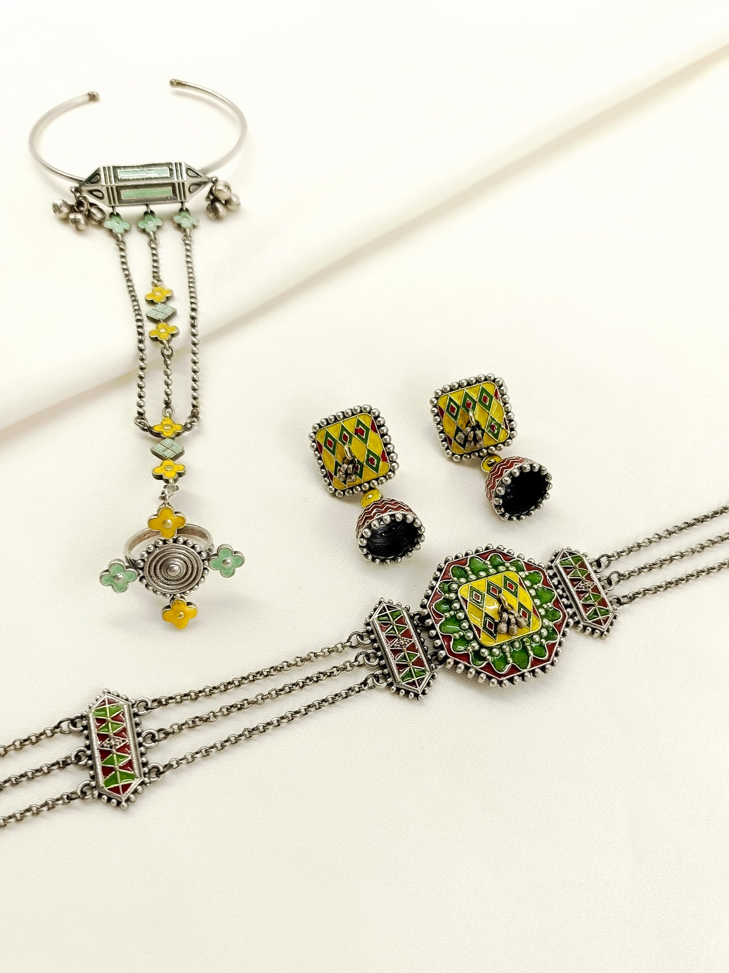 Bailee Multi Colour Oxidized Choker Set With Hathphool