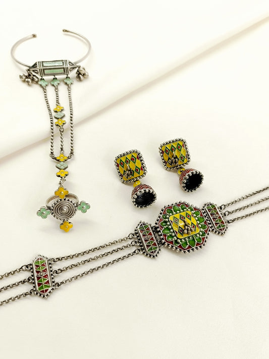 Bailee Multi Colour Oxidized Choker Set With Hathphool