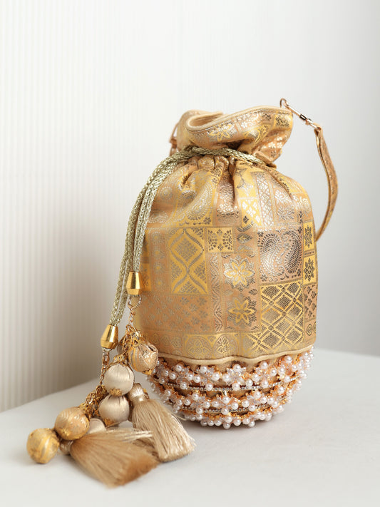 Pranile Mustard Yellow Banarasi Brocade Potli Bag with Pearl Base