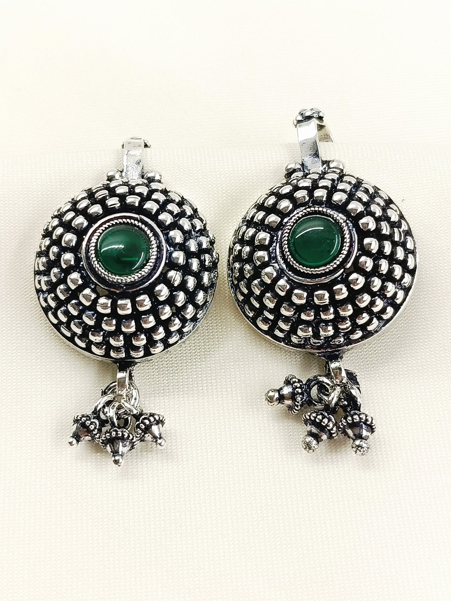 Imaya Oxidized Tribal Sunburst Ear Cuff with Green Stone & Ghungroo