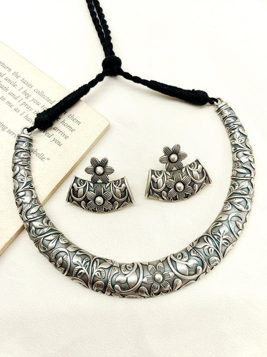 Madeline Plain Oxidized Hasli Style Necklace Set