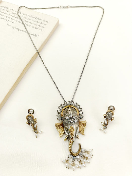 Gavya White Ganesh Ji Oxidized Pendant Set