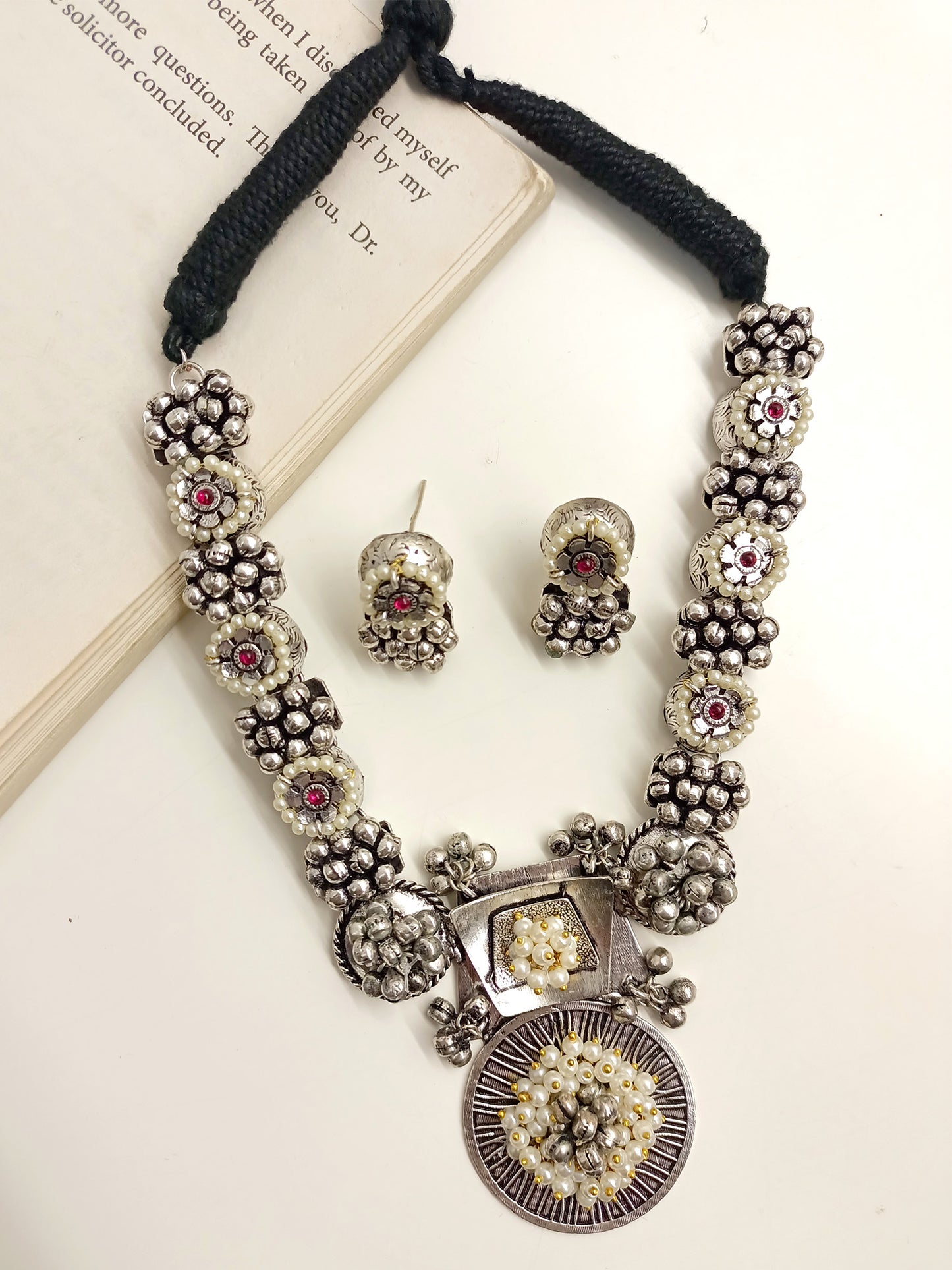 Elaina Maroon Oxidized Necklace Set