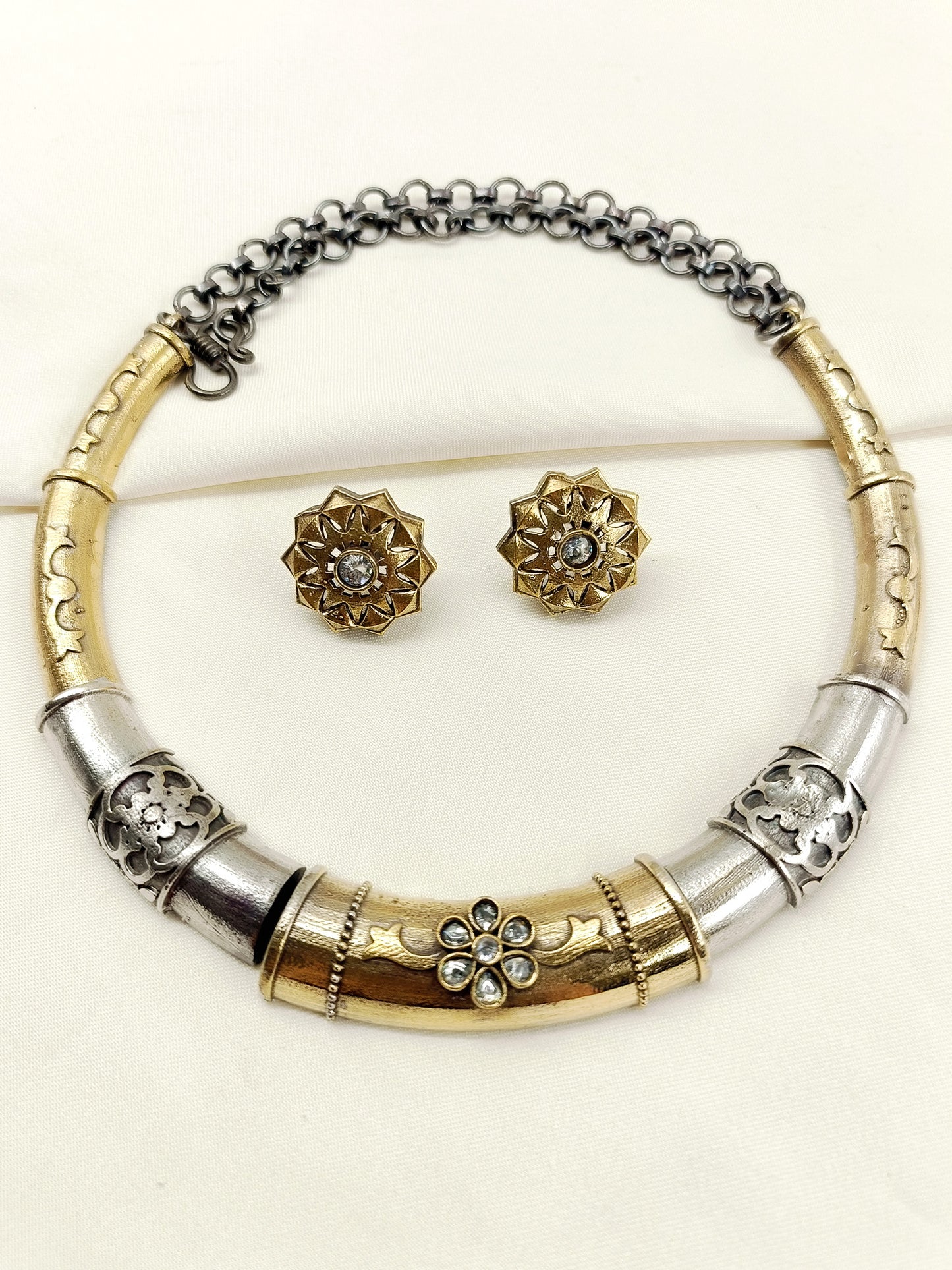 Saarika White Oxidized Hasli Styled Choker Set
