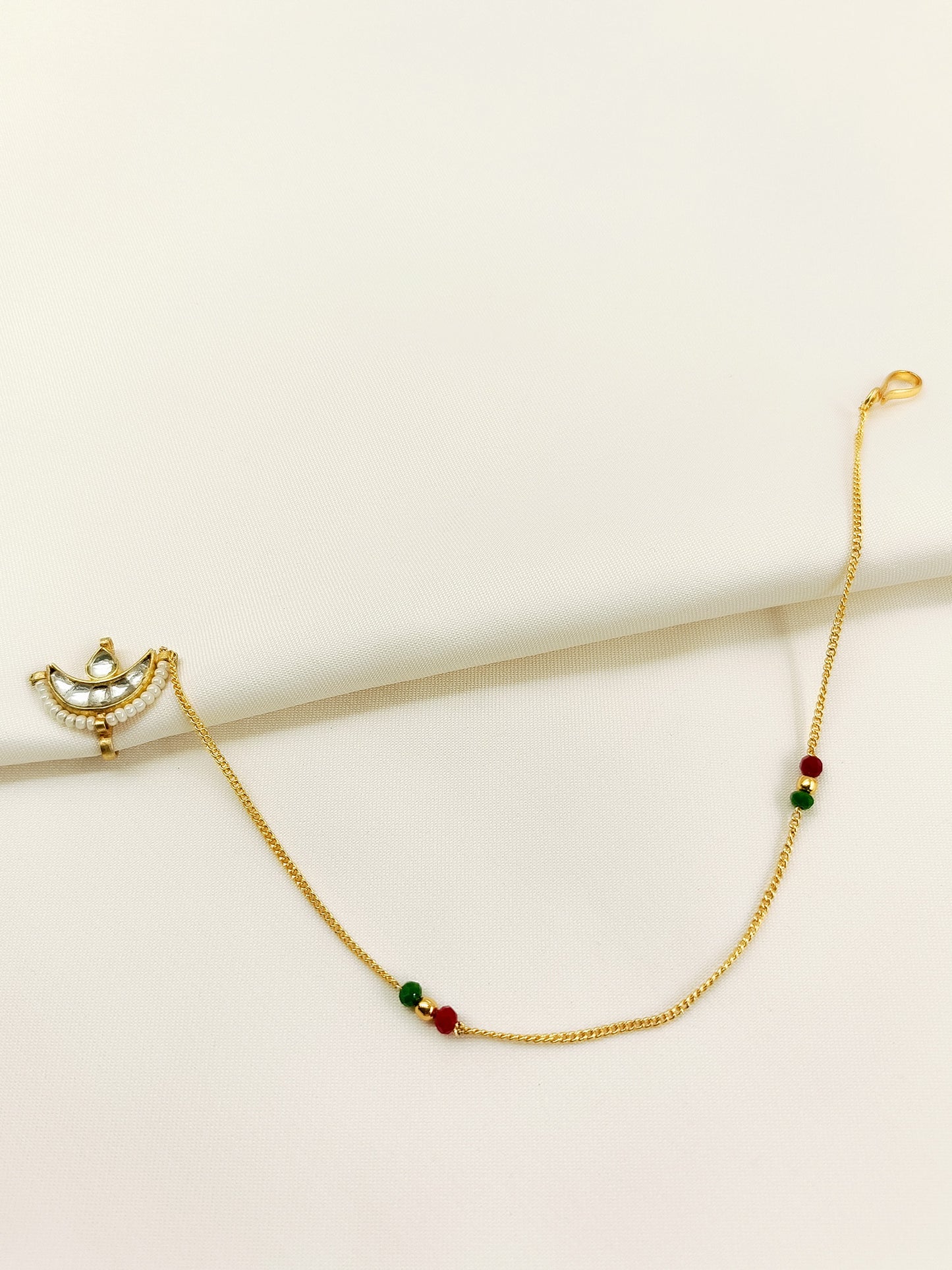Jashn White Kundan Chandrakor Clip-on Nath with Chain - Maharashtrian Bridal Nath