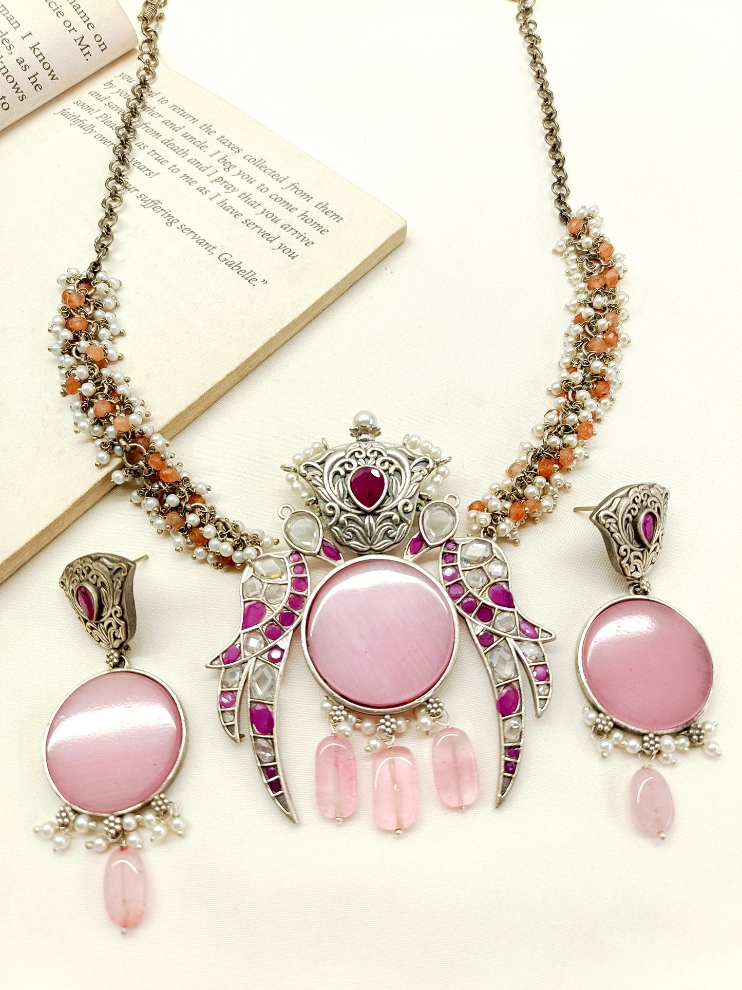 Visha Baby Pink Oxidized Pendant Set