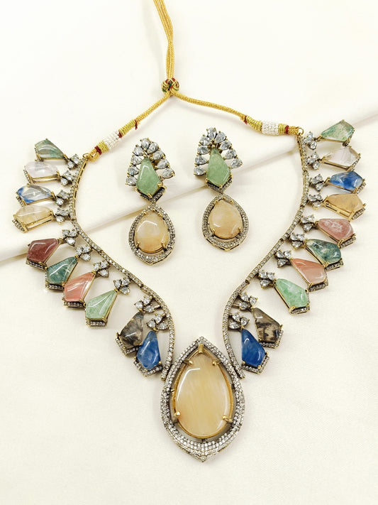 Reva Peach Pastel Victorian Raw Stone Necklace Set