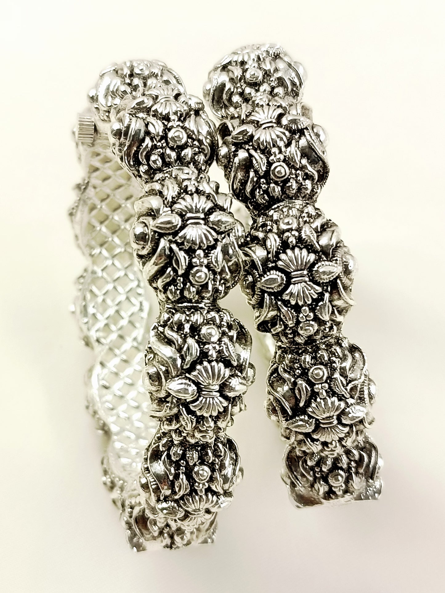 Alaya Silver Oxidized Floral Jaali Bangles