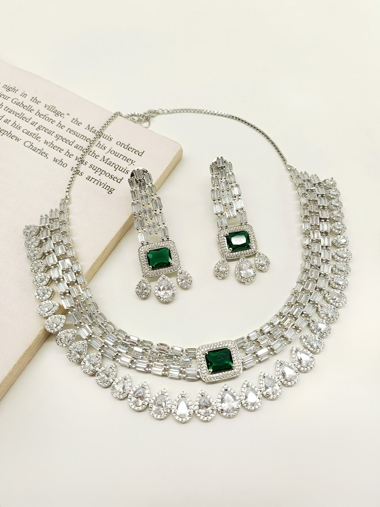 Shya Green Double Layer American Diamond Necklace Set