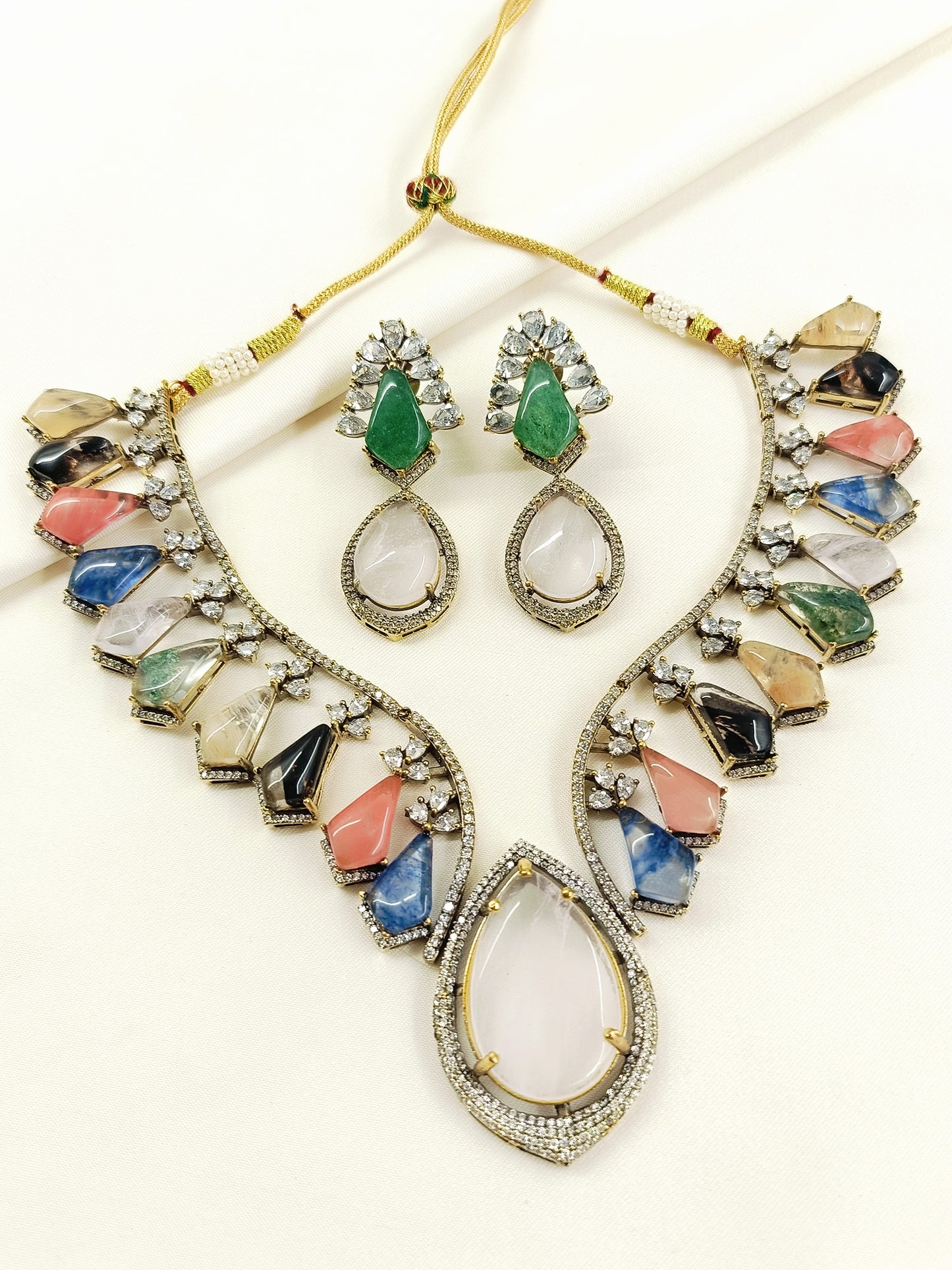 Aatreya Multicolor Victorian Raw Stone Necklace Set